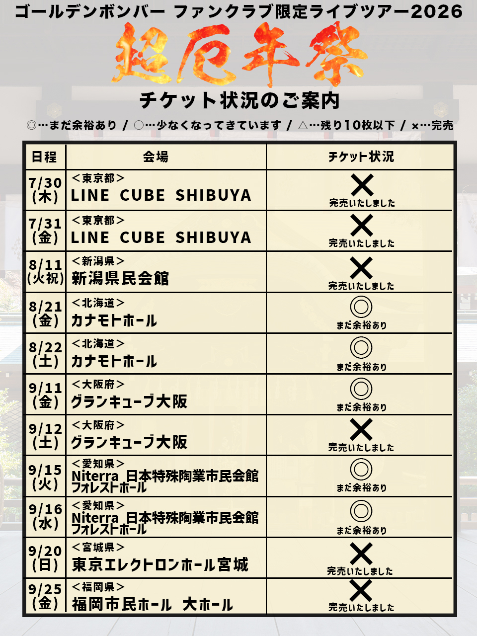 ゴールデンボンバー ファンクラブ限定ライブツアー2026～超厄年祭