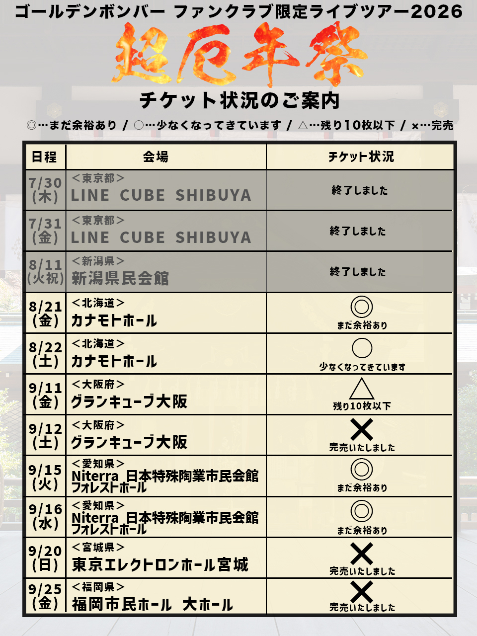 ゴールデンボンバー ファンクラブ限定ライブツアー2026～超厄年祭